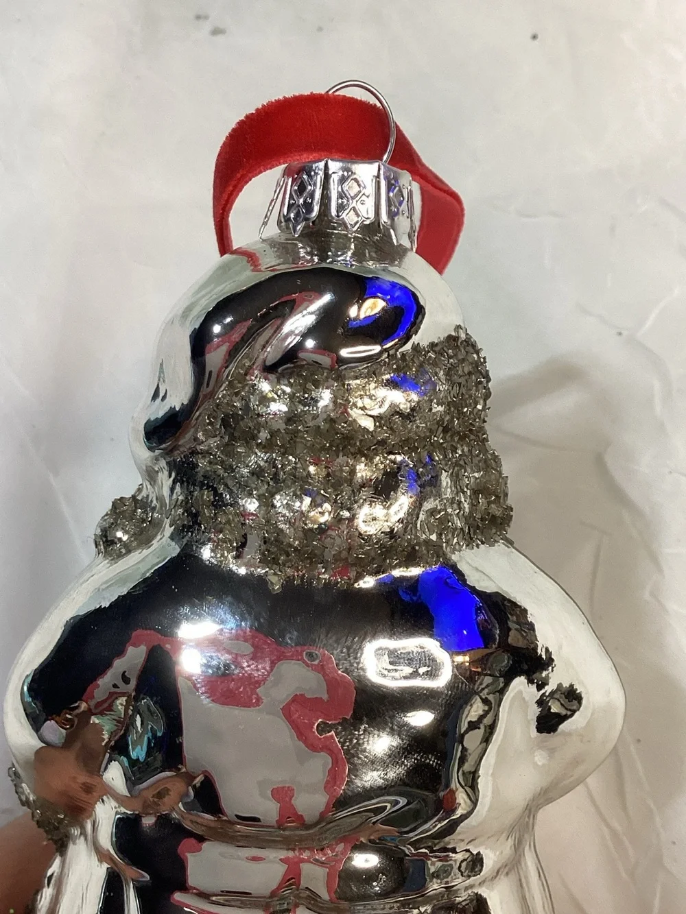 Silver Mercury Glass Glitter Santa Ornament Red Velvet Ribbon 5.5